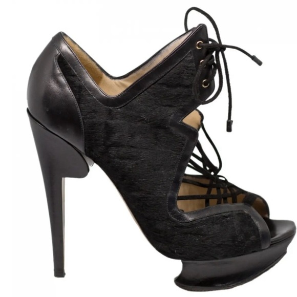 Nicholas Kirkwood Pony Hair Leather Platform Heel Black Lace Up Open Toe 7.5 - Picture 1 of 16
